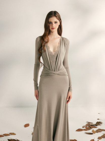 Grey Lace-Paneled Knit Pleated Dress