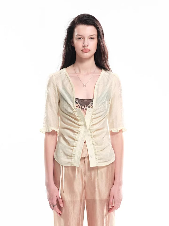 Ruched Tie Lace Trim Shirt