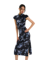 Black Floral Velvet Split Qipao Dress