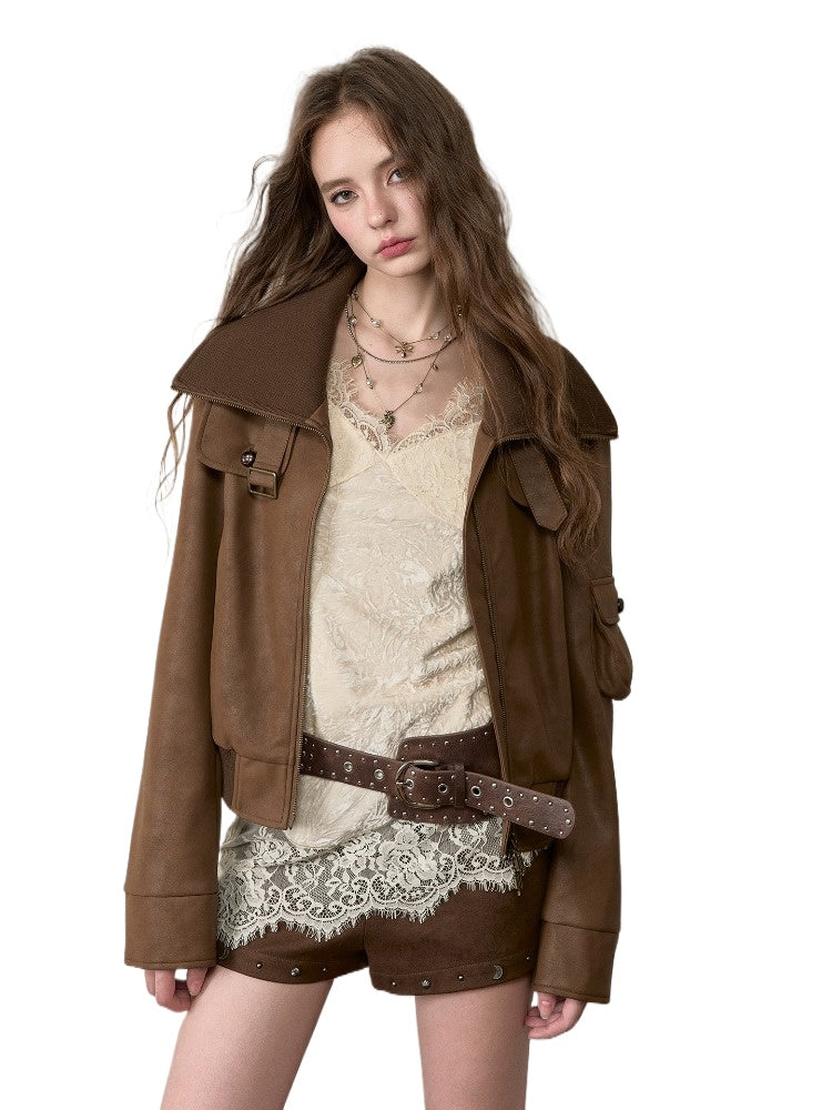 Retro PU Contrast Collar Jacket