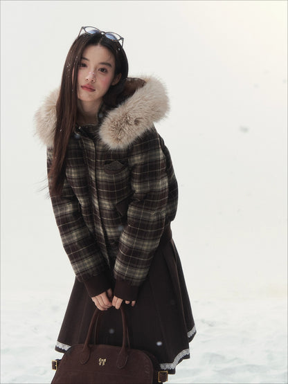 Plaid Floral Faux-Fur Down Jacket