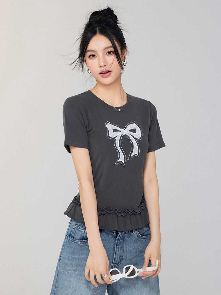 Ballet-style Bow-adorned Short sleeve Top