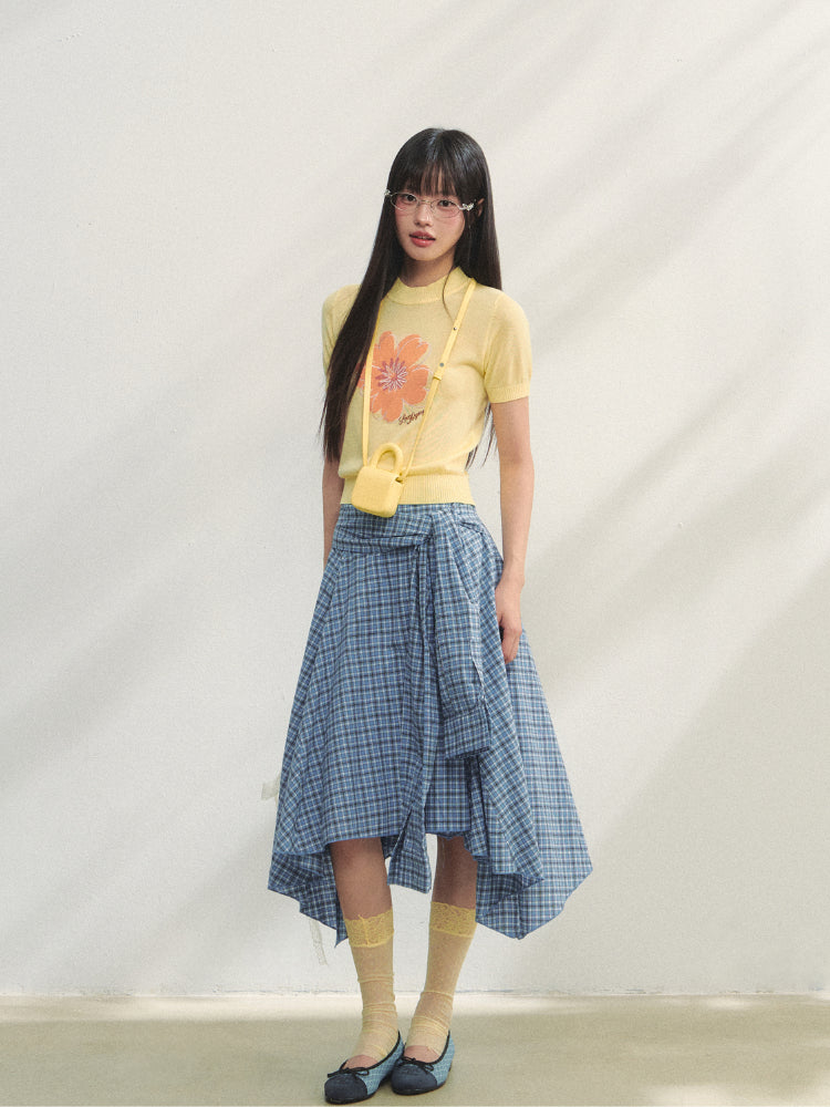 Blue Checkered Irregular Tie-Waist Skirt
