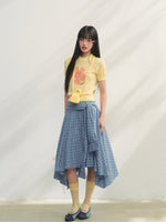 Blue Checkered Irregular Tie-Waist Skirt