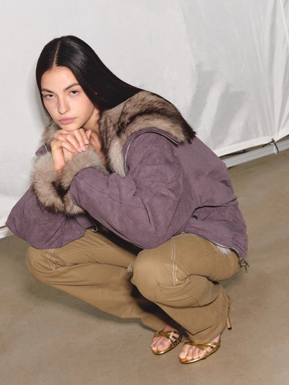 Faux-Suede Fur-Collar Quilted Parka