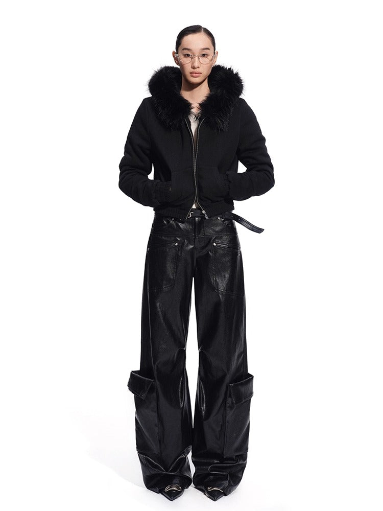 Punk-Style Eco Textured Faux Leather Wide-Leg Pants
