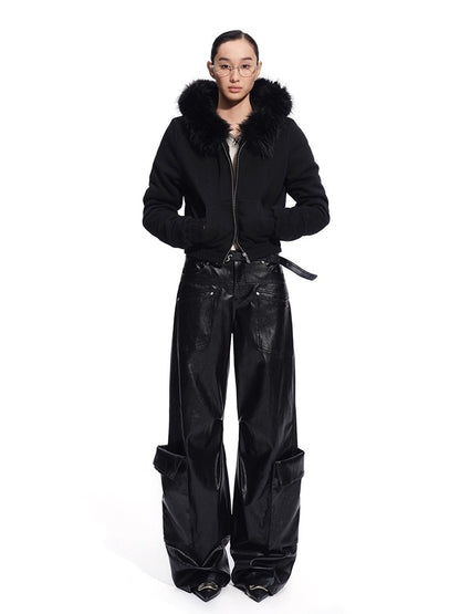 Punk-Style Eco Textured Faux Leather Wide-Leg Pants