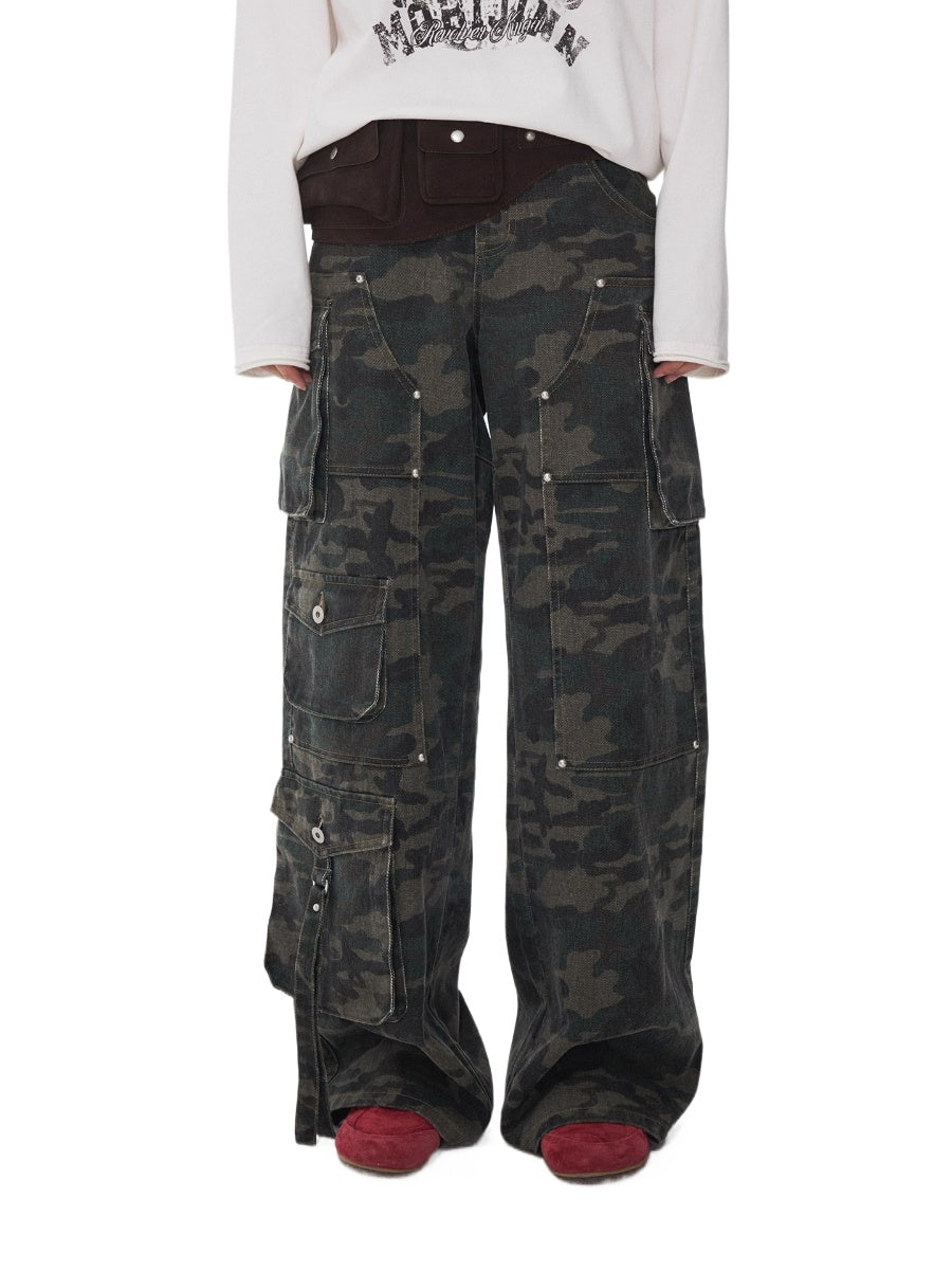 Washed Camo Multi-Pocket Cargo Wide-Leg Pants