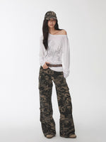 Washed Camo Multi-Pocket Cargo Wide-Leg Pants