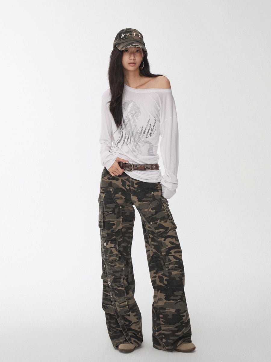 Washed Camo Multi-Pocket Cargo Wide-Leg Pants