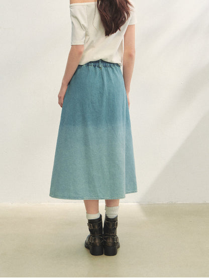 Beaded Washed Gradient Denim Skirt