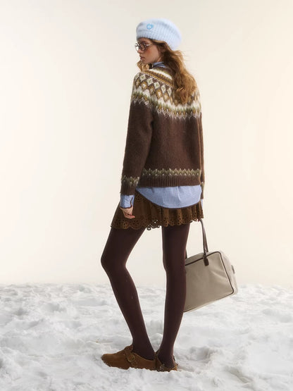 Fair Isle Jacquard Crewneck Knit Sweater