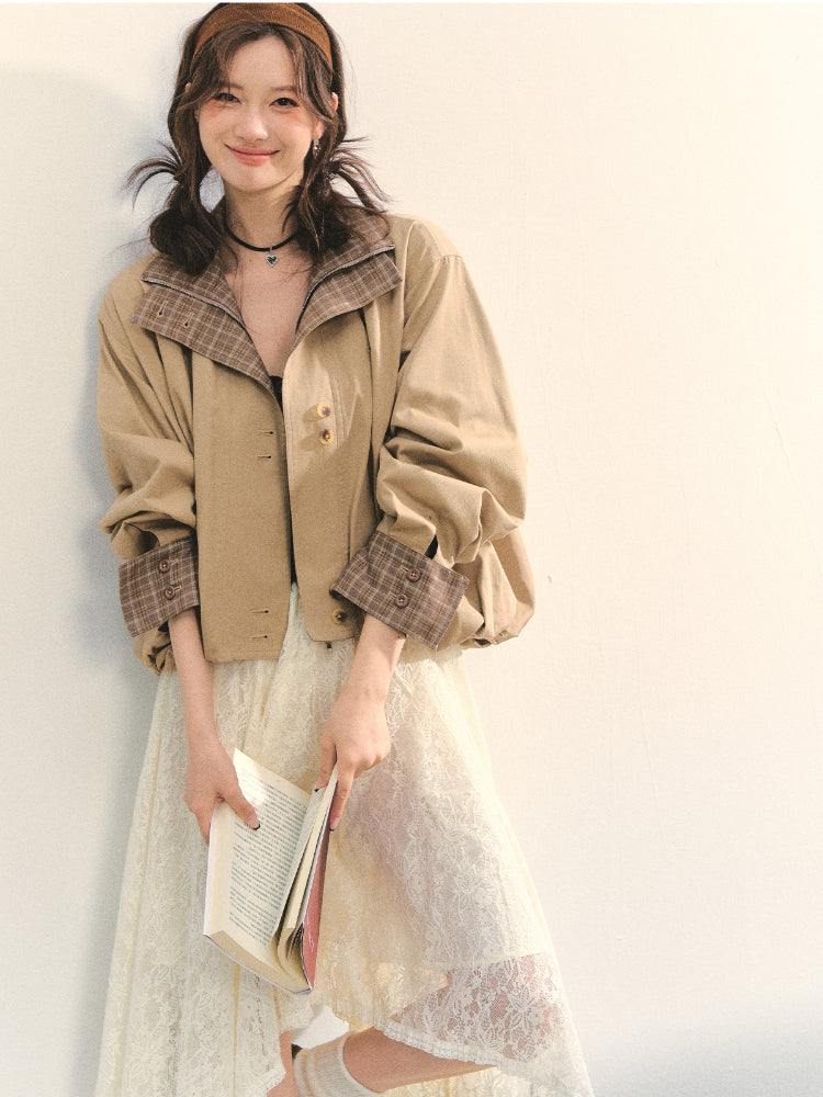 Two-piece Plaid Spliced Cocoon-shaped Trench Jacket