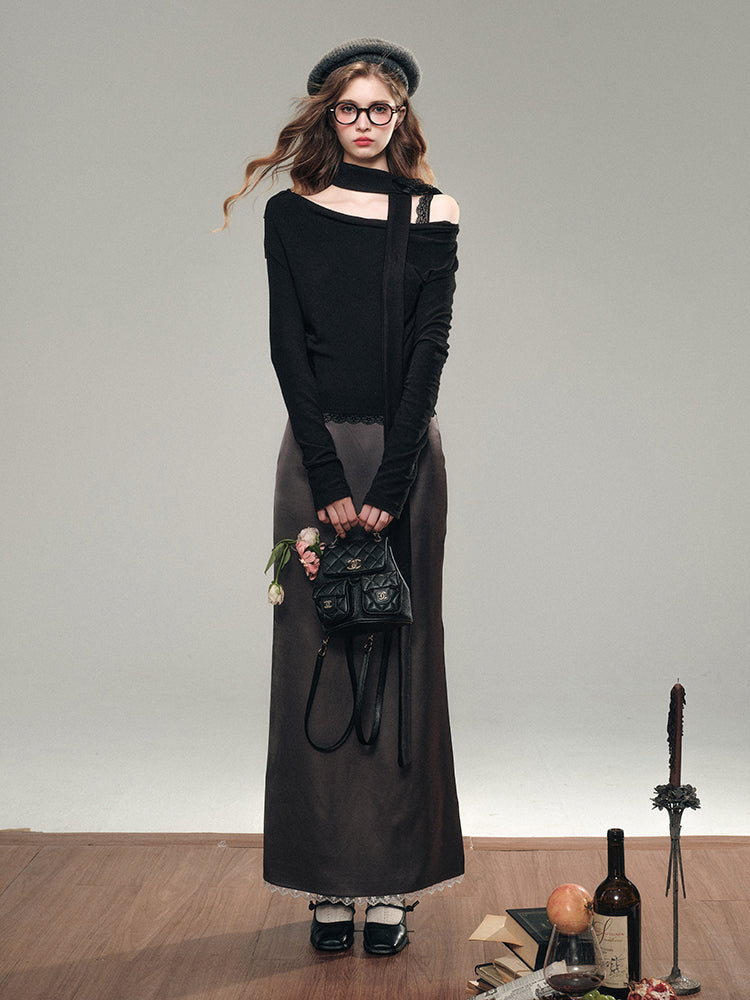 White& Black Off-Shoulder Lace Knit Crewneck