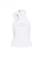 Contrast-Letter Bow-Tie Halter Top