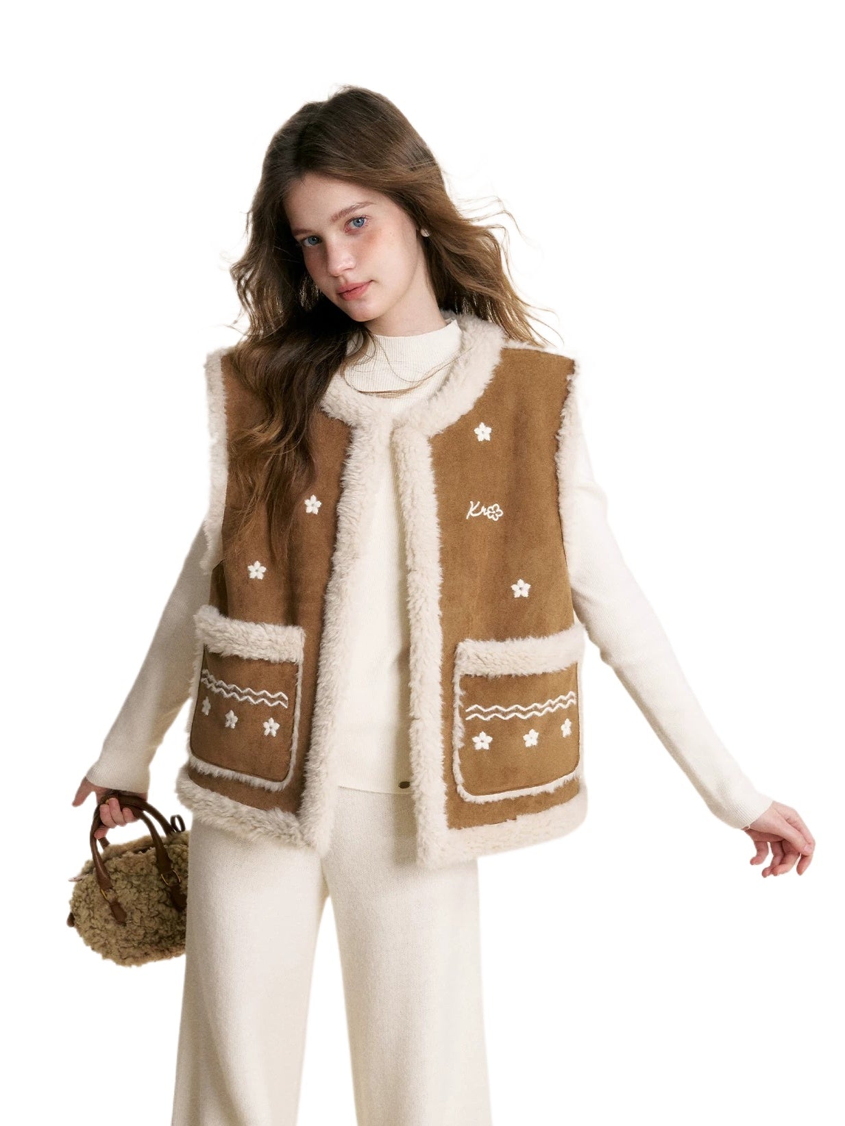 Brown Floral Shearling Vest