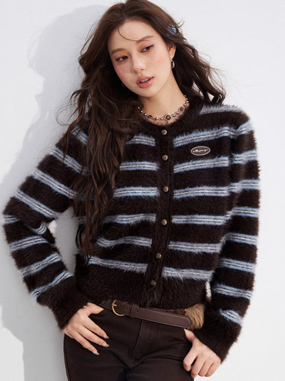 Striped Mink-Knit Cropped Sweater
