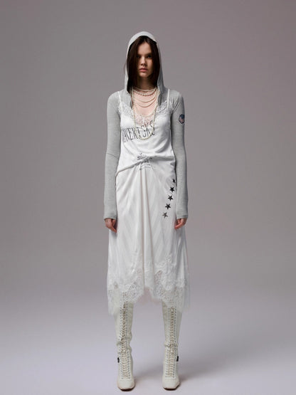 Satin Letter Print Spliced Lace Slip Midi Dress