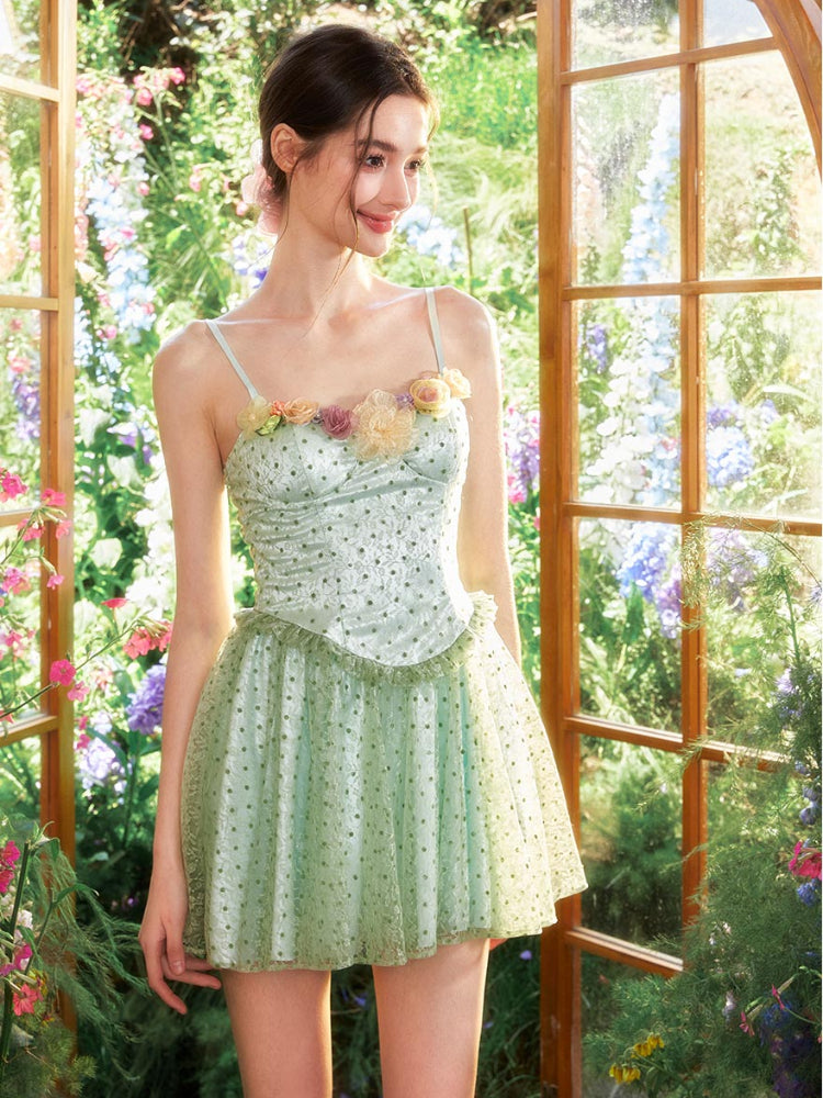 Polka Dot 3D Floral Mesh Strap Dress