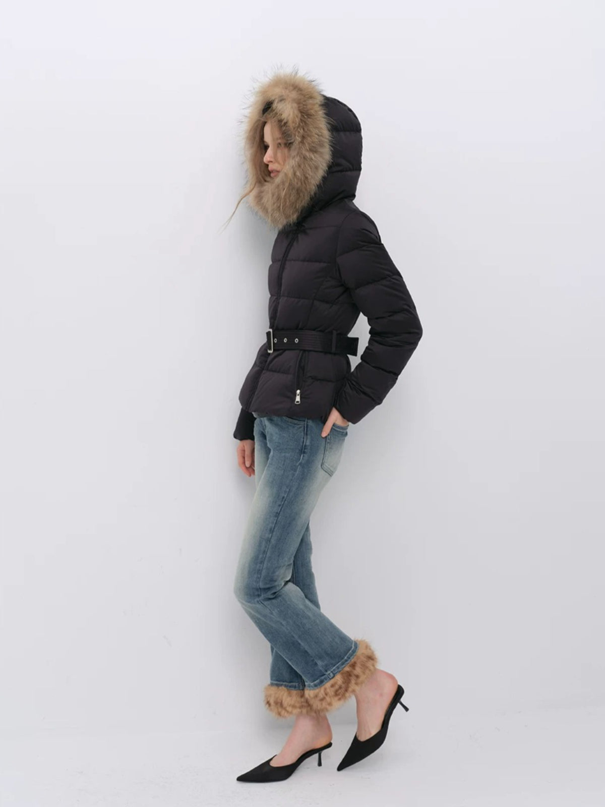 Fur Collar Belted Down Jacket