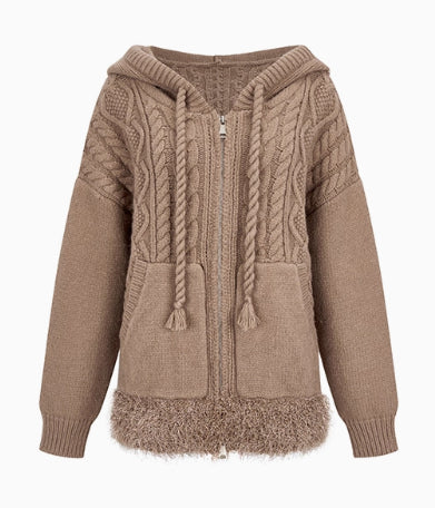 Off-white &amp; Khaki Twisted Knit Hooded Sweater