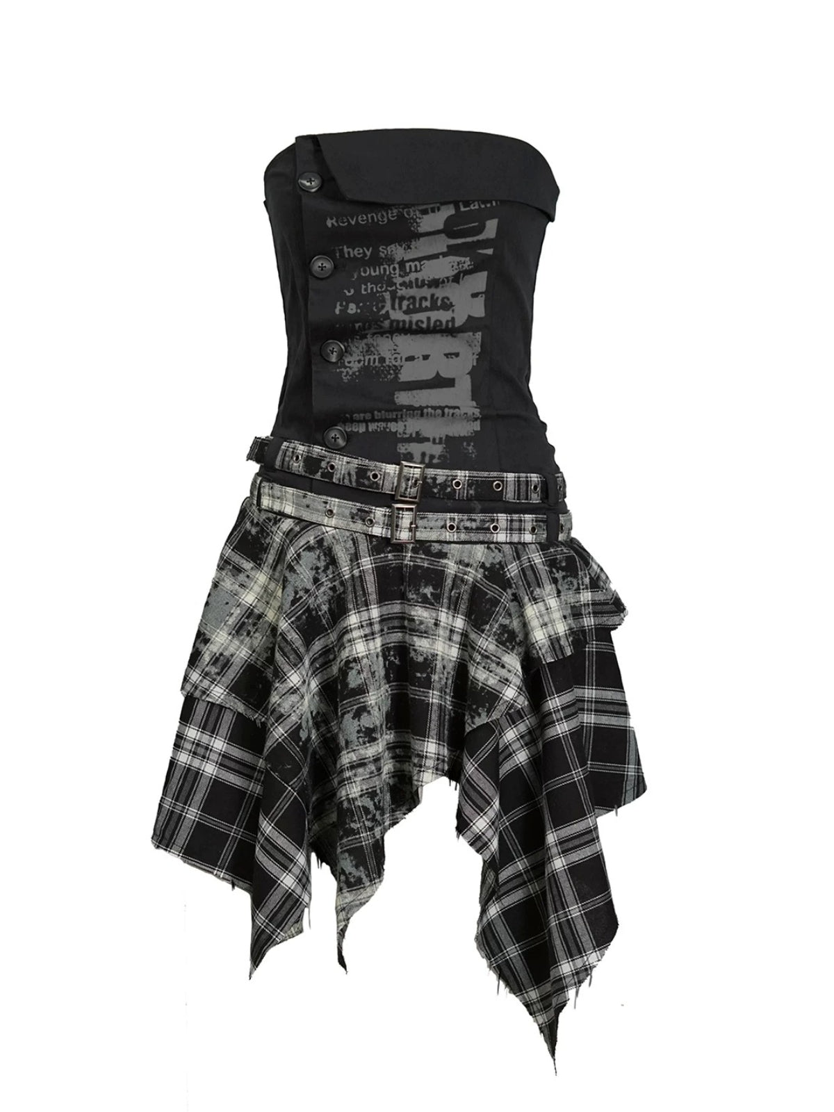 Graffiti Ruched Plaid Bustier Dress
