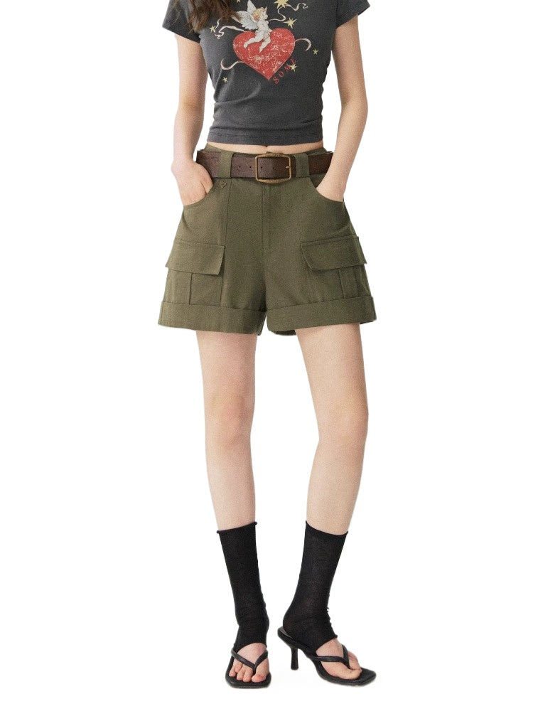 Multi-Pocket Rolled Hem Cargo Shorts