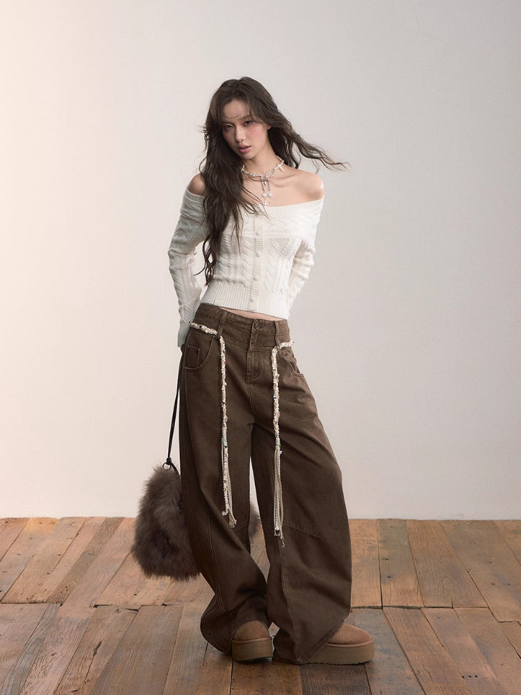 Off-Shoulder Cable Knit Sweater