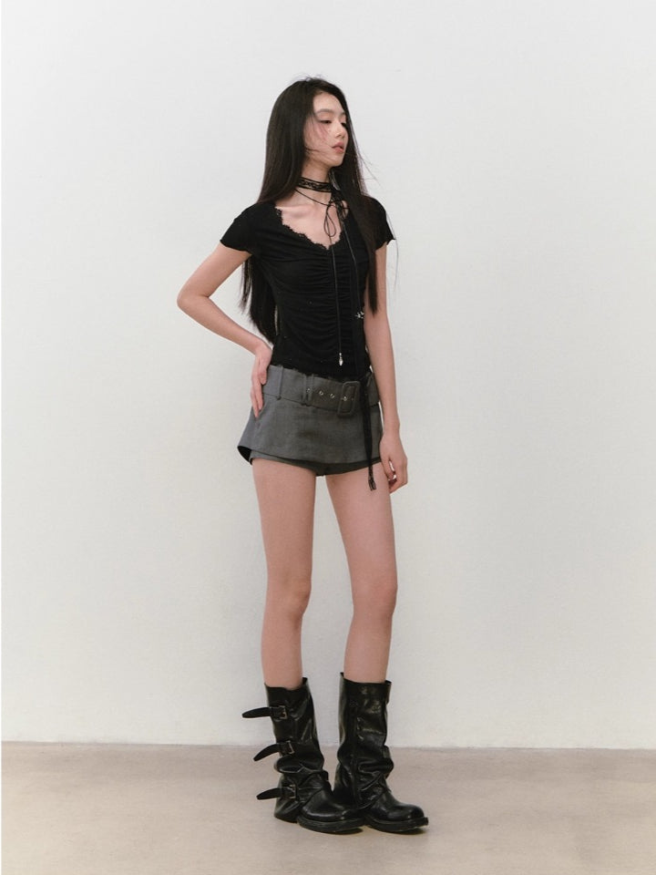 Acetate Lace Backless Beaded Short-sleeve T-shirt