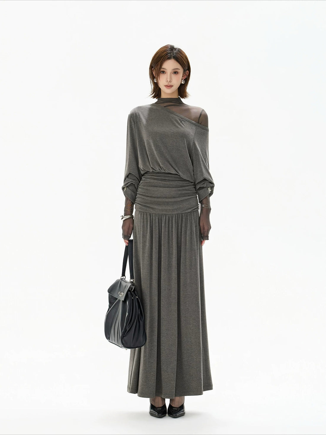 Gray Off Shoulder Knit Layered Dress