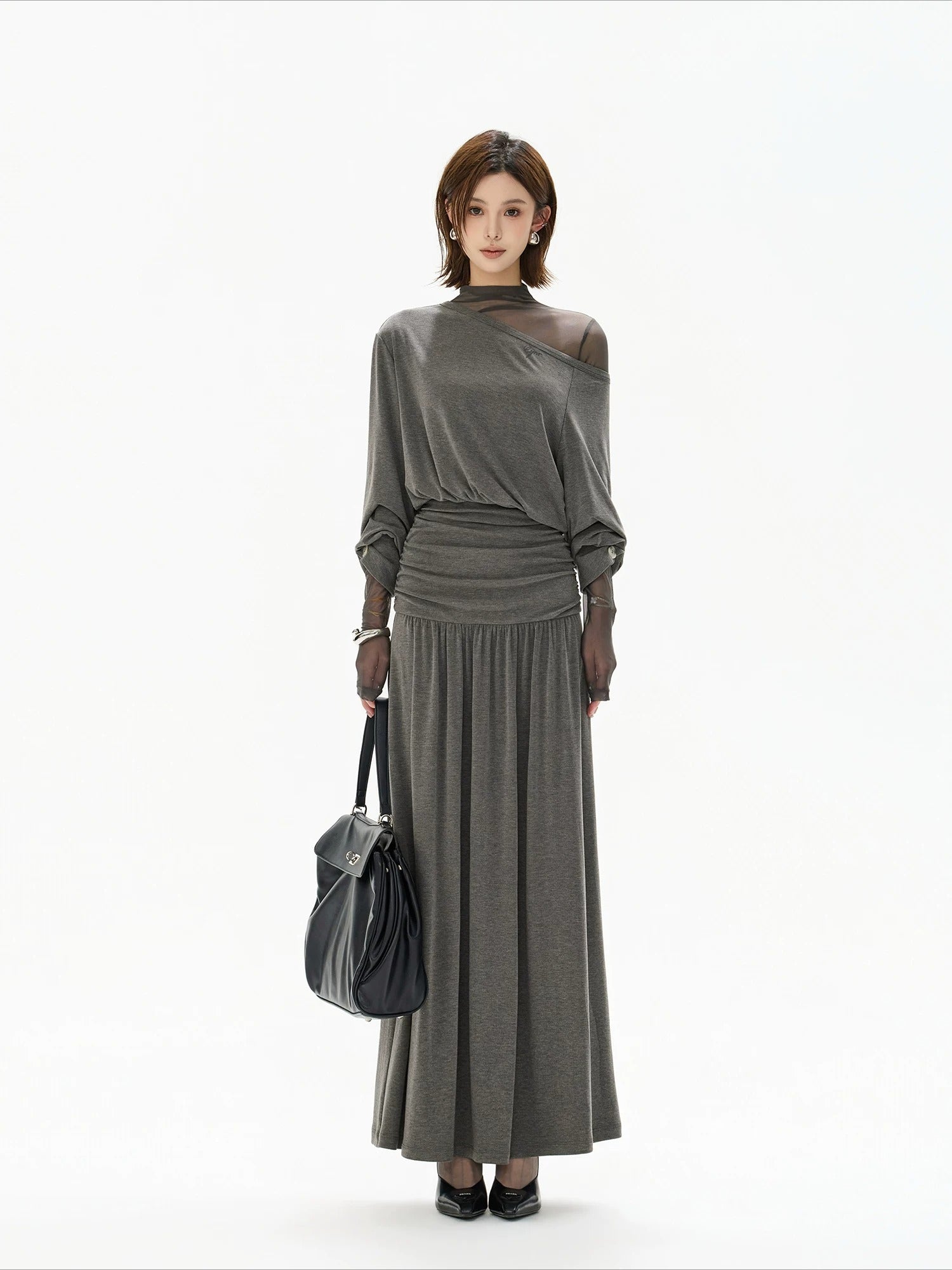 Gray Off Shoulder Knit Layered Dress