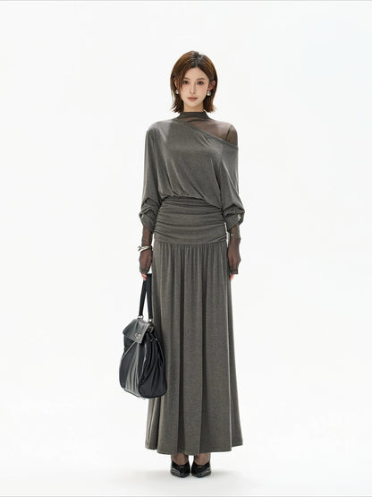 Gray Off Shoulder Knit Layered Dress