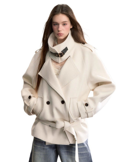 High-Neck Belted Wool Coat