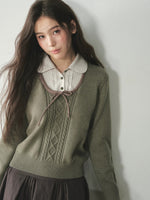 Floral Collar Bow Cable Knit Sweater