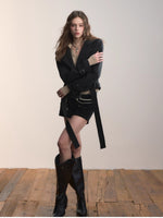 Cross Neck Hooded Slim-Fit Knit Top