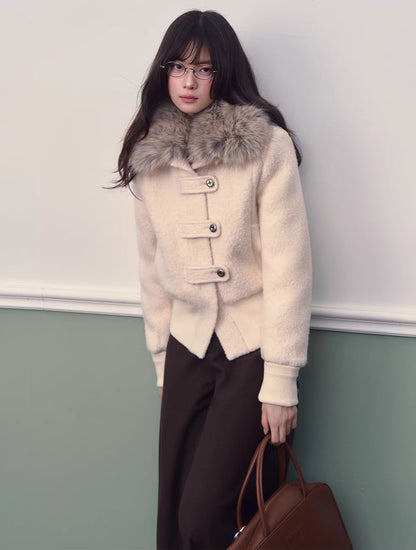 Cream Faux Fur Collar Down Jacket