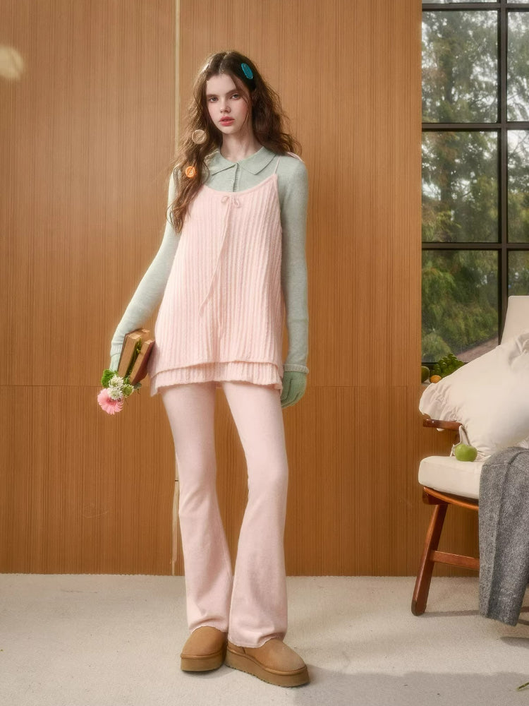 Bow Strap Knit Cami Lace &amp; Pants Set