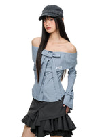 Off Shoulder Bow Tie Stripe Blouse