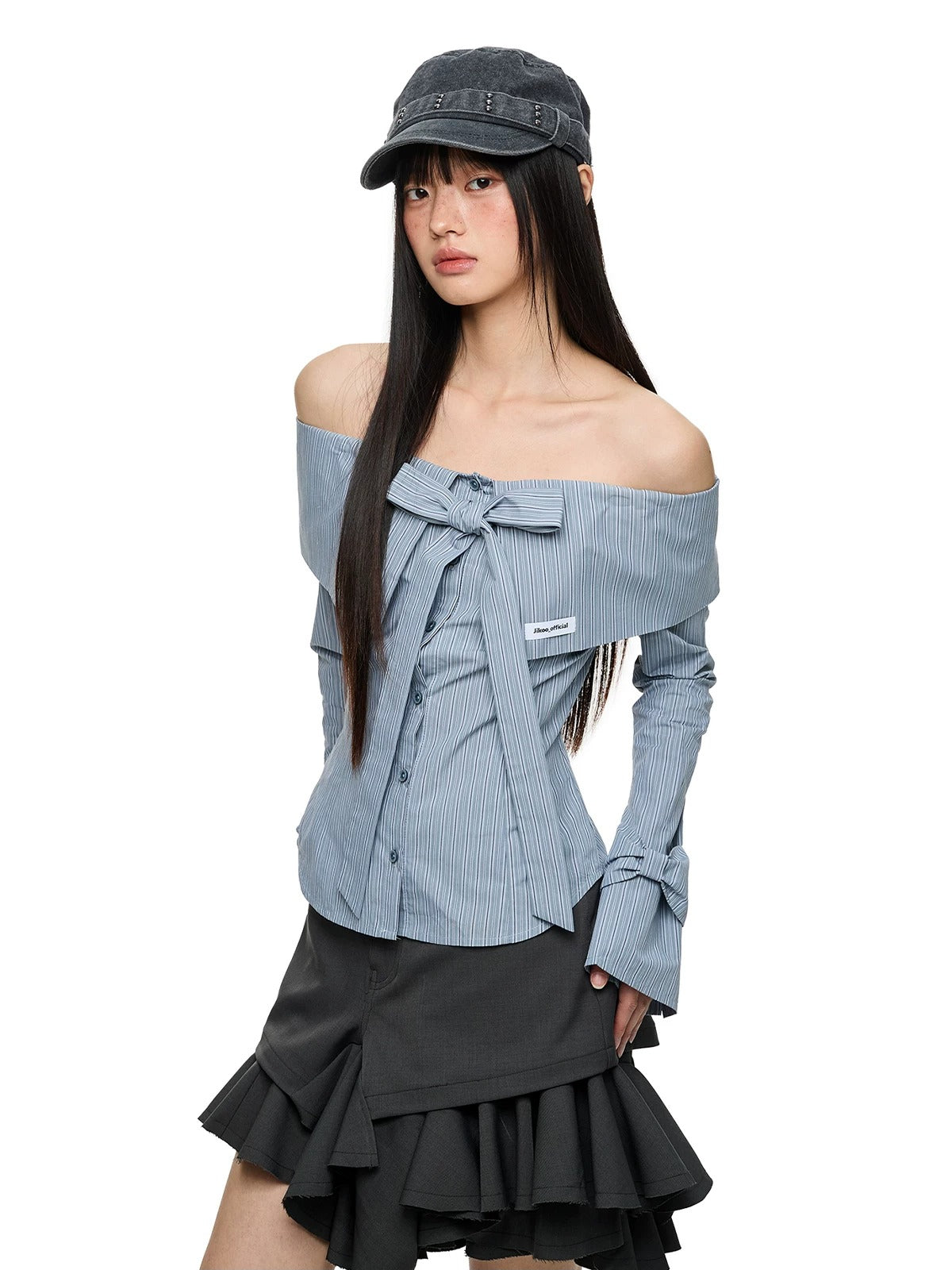 Off Shoulder Bow Tie Stripe Blouse