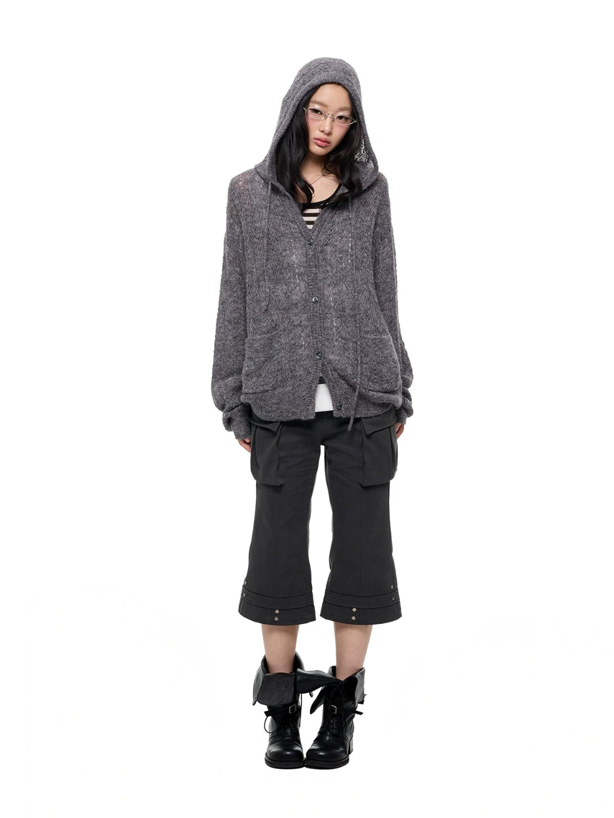 Hooded Mohair Blend Knit Cardigan