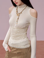 Lace Cold-Shoulder High Neck Long Sleeve Top