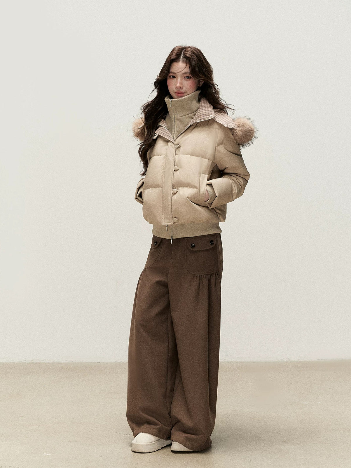 Vintage Brown Pleated Straight-Leg Pants