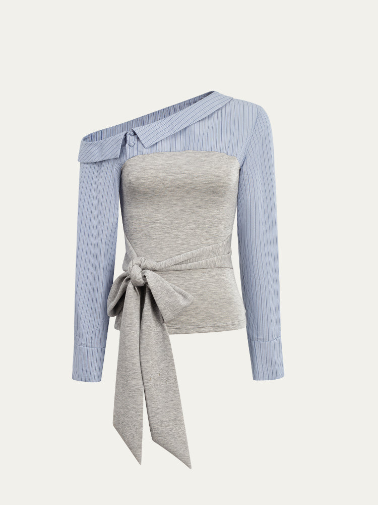 Asymmetric Shoulder Fake Two-Piece Striped Patchwork Shirt