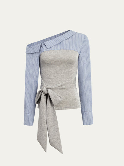 Asymmetric Shoulder Fake Two-Piece Striped Patchwork Shirt