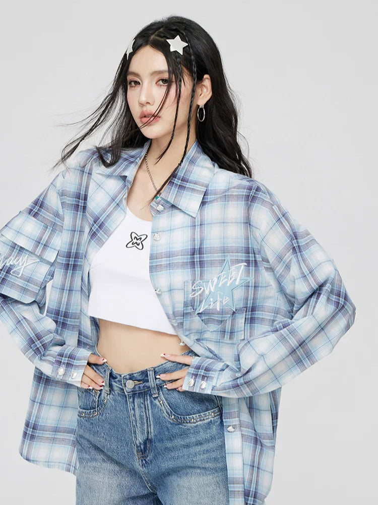 Blue Plaid Embroidered Sunscreen Shirt