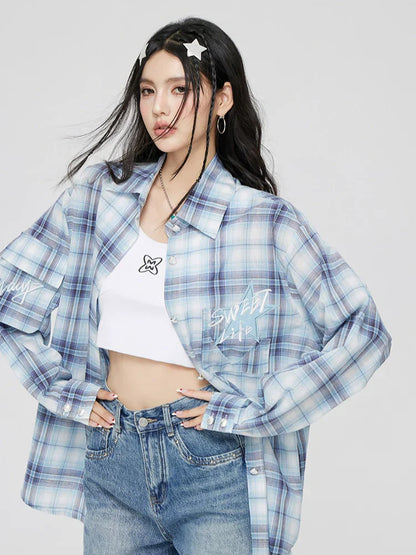 Blue Plaid Embroidered Sunscreen Shirt