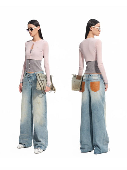 Leather-Trim Low-Rise Jeans