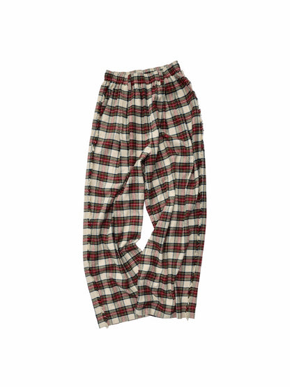 Vintage Red Plaid Brushed Cotton Wide-Leg Pants