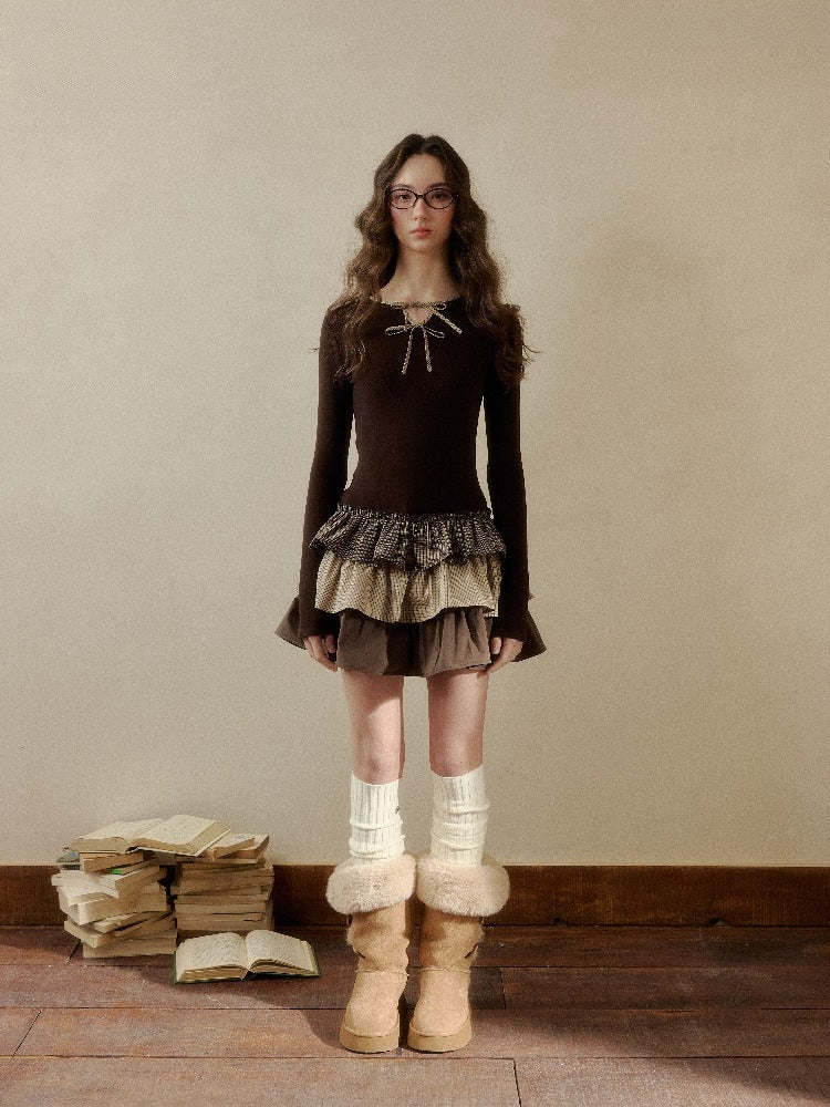 Brown &amp; White Knit Plaid Tiered Dress