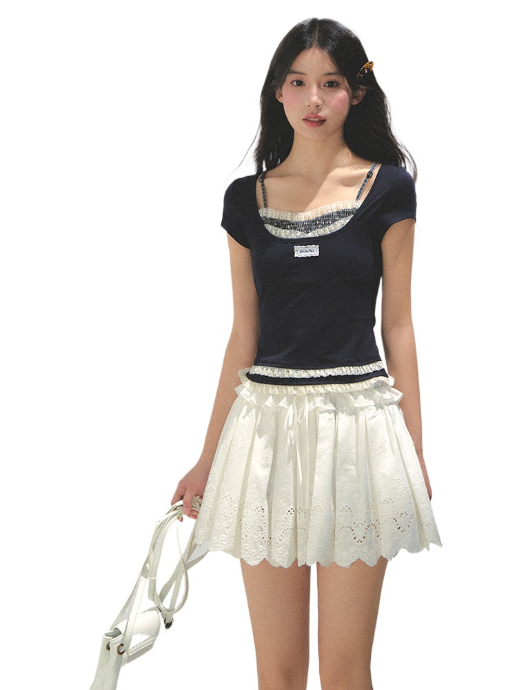Two-piece Spliced Hem Lace Short-sleeve T-shirt